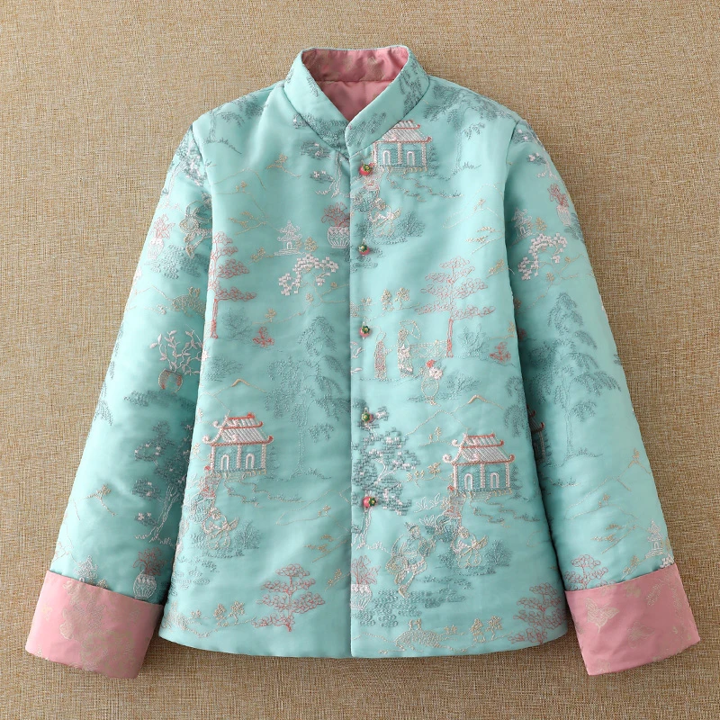 新中式提花刺绣拜年服女中国风立领棉花棉衣复古锦缎外穿棉服秋冬