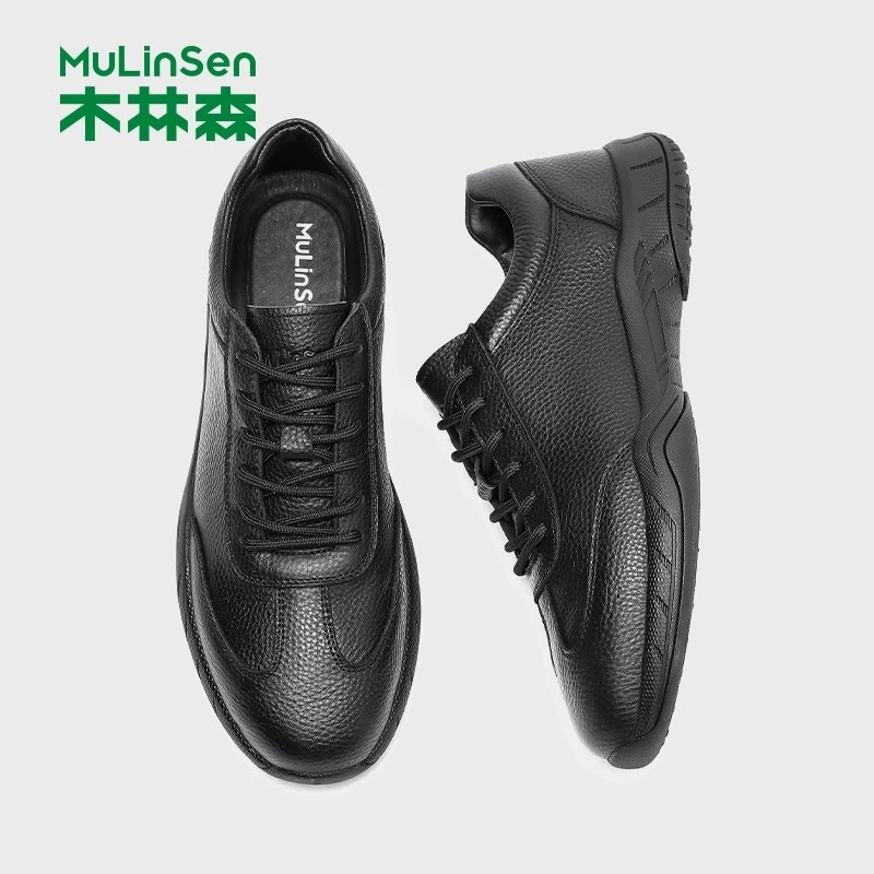木林森男鞋2025年夏季新款轻便皮面软底舒适百搭休闲真皮黑色单鞋