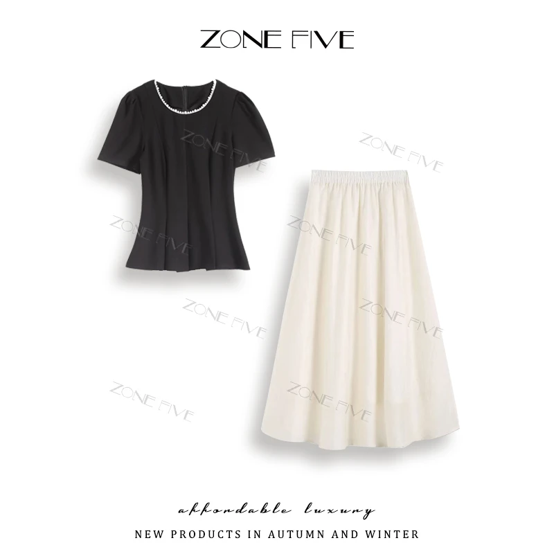 【zonefive】两件套 高级感女夏季小香名媛风钉珠修身上衣A字裙