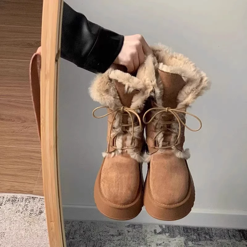 雪地靴女皮毛一体复古厚底加绒加厚棉靴2025冬季新款防滑保暖棉鞋