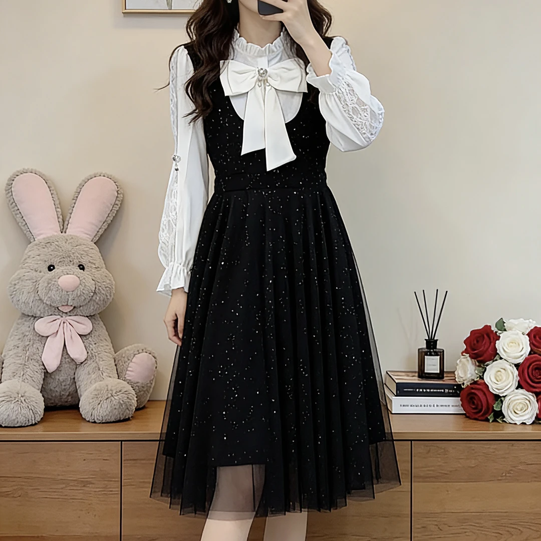 秋冬新款大码女装时尚蝴蝶结拼接遮肉显瘦假两件连衣裙