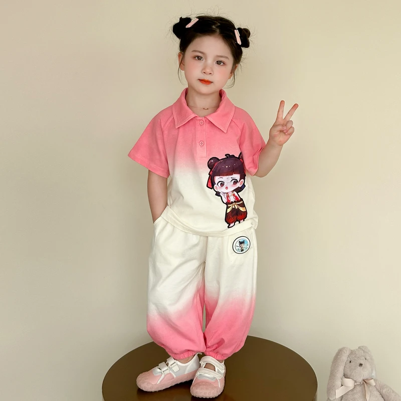 女童渐变色哪吒套装儿童洋气夏装女宝宝短袖防蚊裤两件套小童时髦