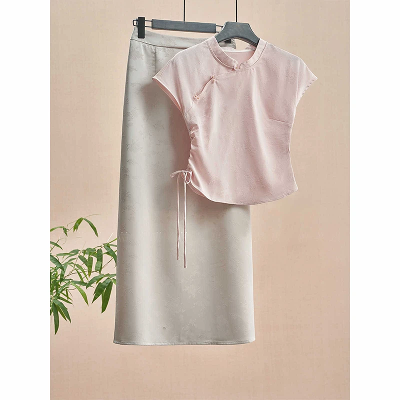 新中式国风改良旗袍提花上衣搭配慵懒风软糯气质百搭半身裙两件套