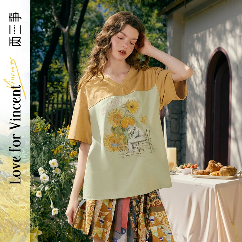 两三事梵高文艺未完诗 印花v领短袖t恤S25CT479