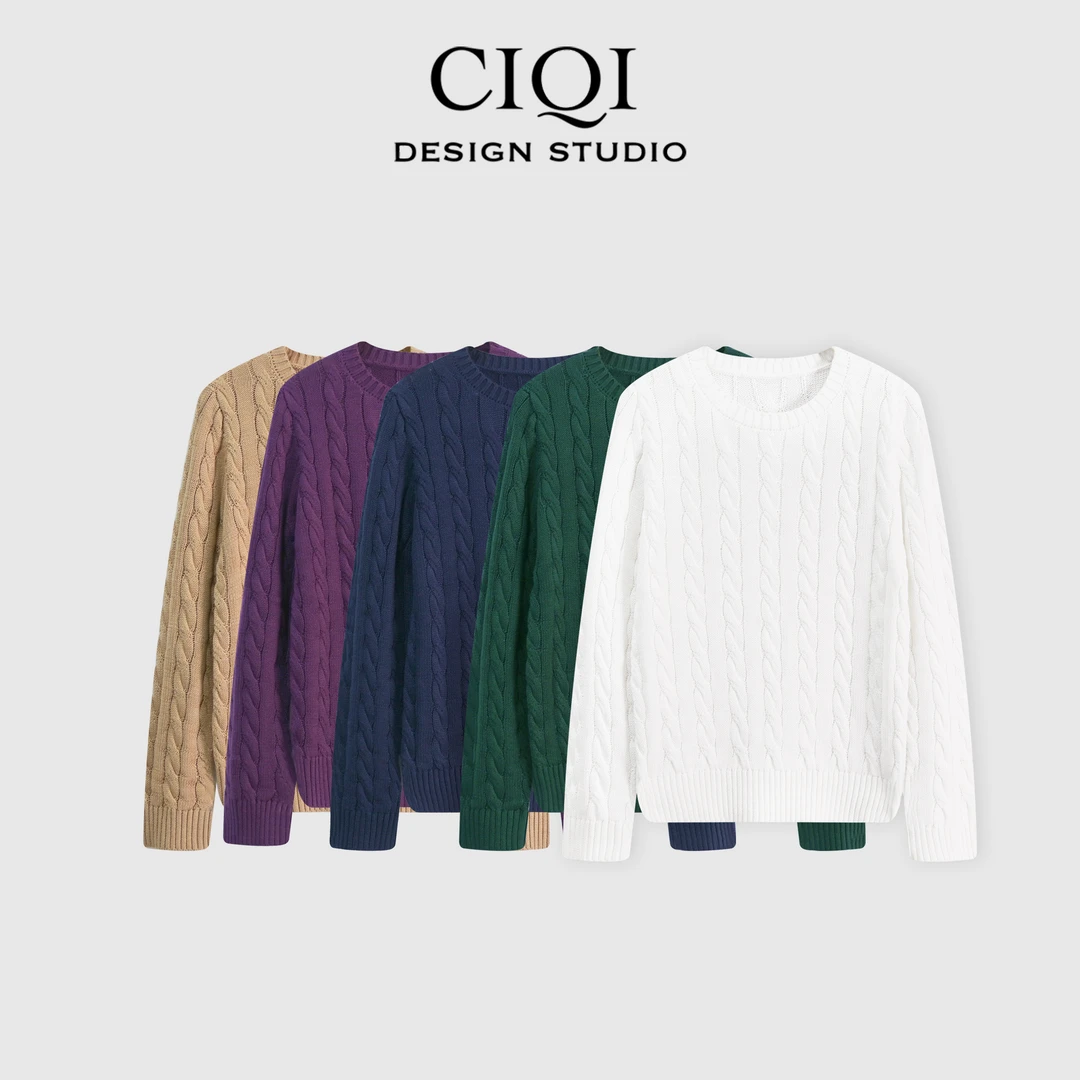 CIQI STUDIO秋冬100匹马棉修身圆领绞花长袖针织毛衣上衣DY251077