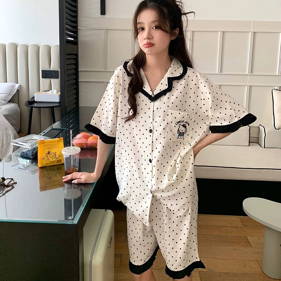 日系甜美kt猫圆点睡衣女款夏季短袖HelloKitty卡通可爱家居服套装