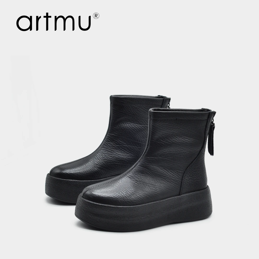 Artmu阿木厚底短靴子新款爆款百搭防水台松糕加绒黑色靴子8039