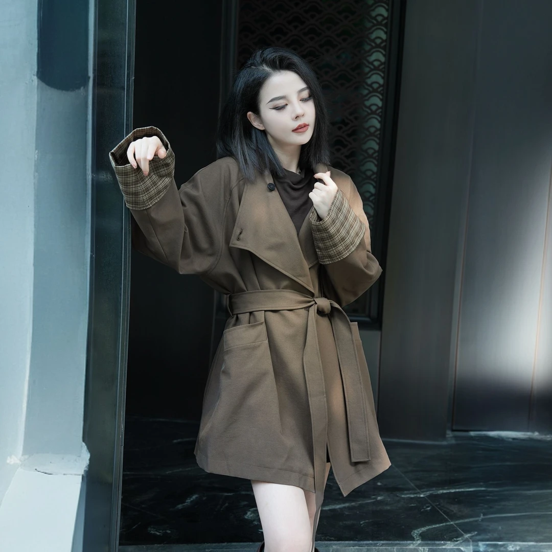 POPULARYW【无何町】Z·R上品屋 港风撞色格子收腰系带风衣外套