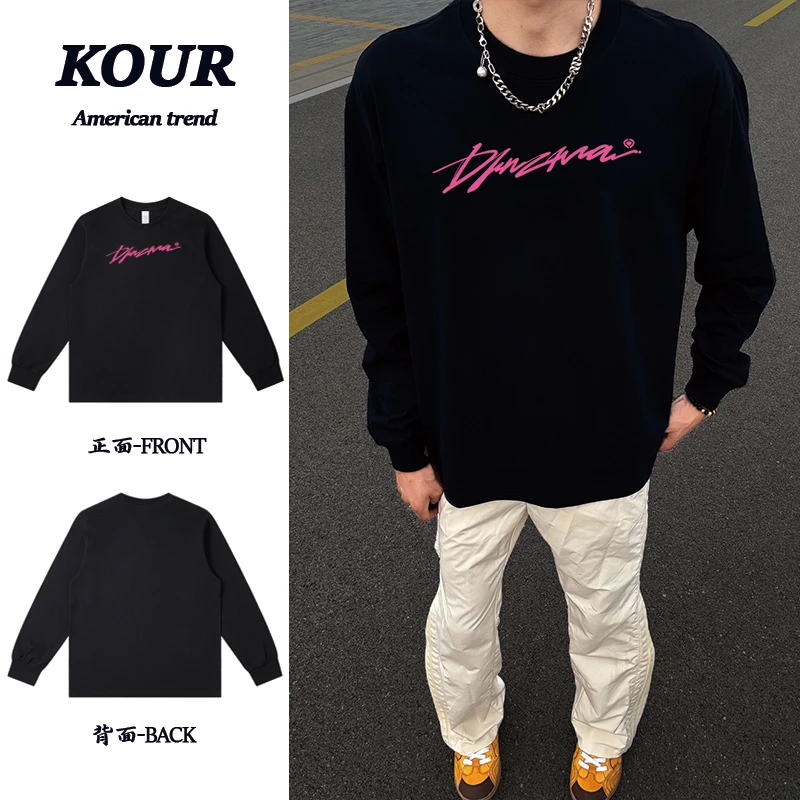 美式高街复古简约英文印花上衣重磅纯棉宽松百搭落肩长袖T恤ootd