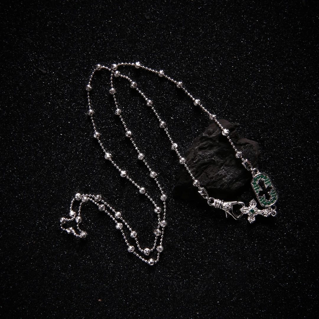 链子925银锆石 N17932 绿锆镂空十字架方牌车花月亮珠项链