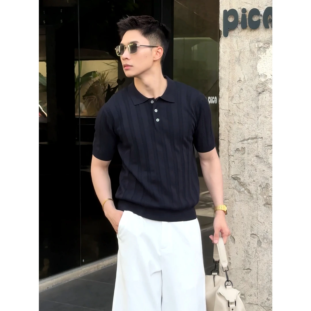 『荷举夏赏 松弛雅逸』老钱风冰爽丝混纺竖纹提花复古针织POLO衫