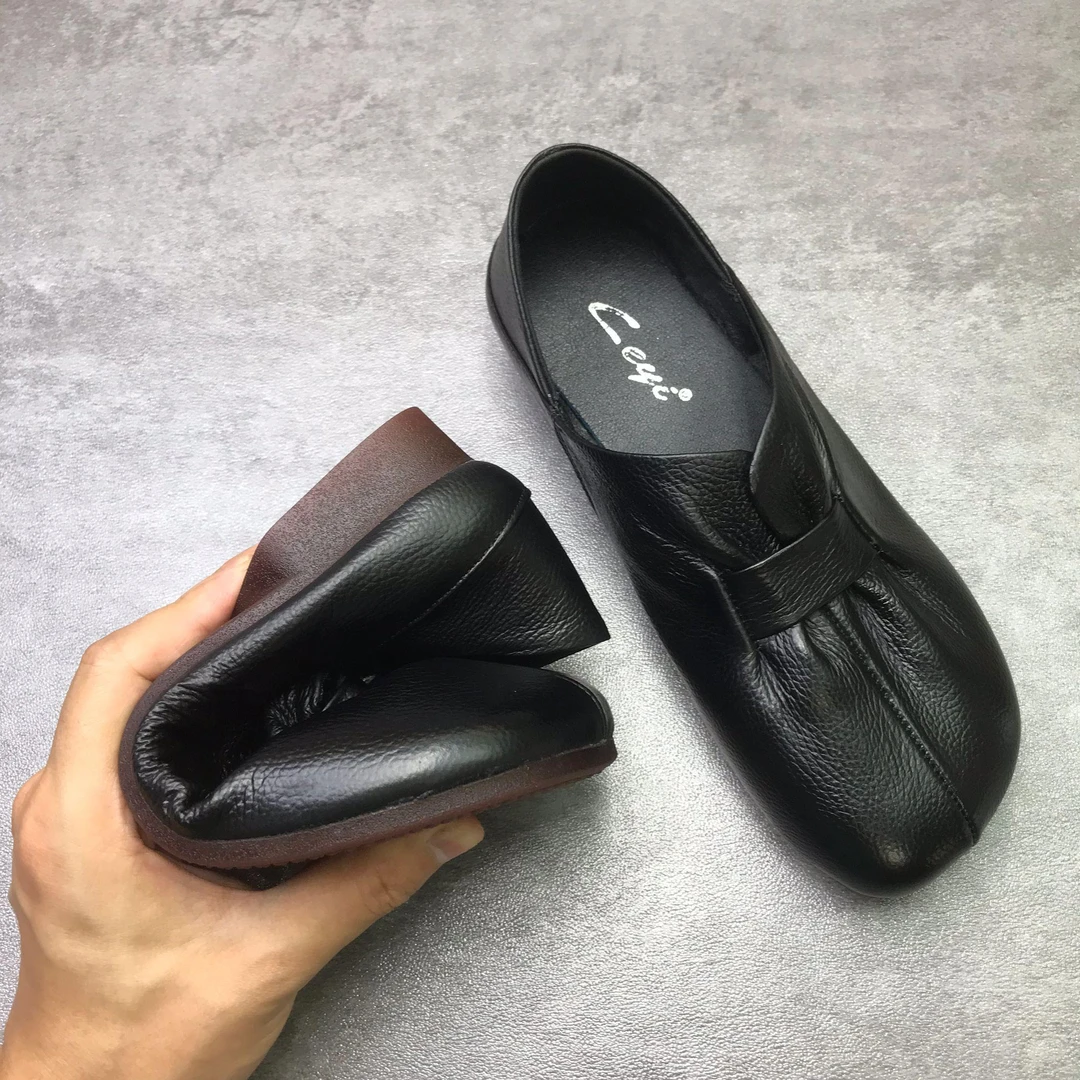 品牌清仓新款黑色宽松女单鞋深口软底软皮时尚牛皮平底鞋