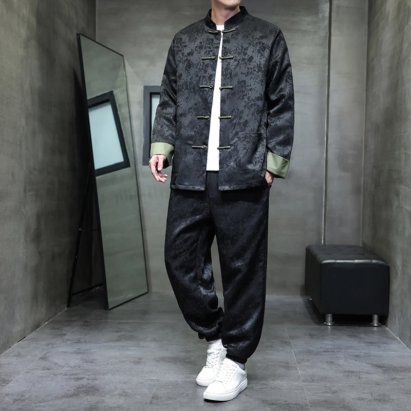 新中式男装唐装夹克套装中国风立领中山装男款休闲长袖两件套汉服