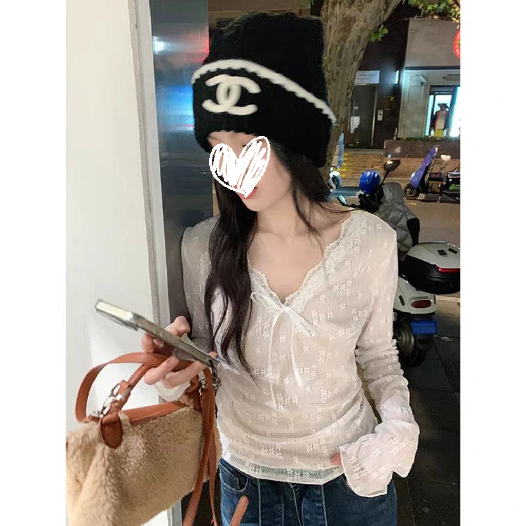 纯欲甜辣风蕾丝V领蝴蝶结T恤2025绝美内搭加绒长袖打底衫#Y312