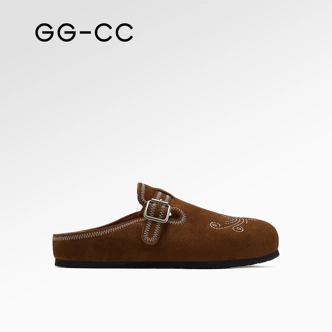 【甄选秋款】GG-CC沙褐山丘秋季新款法式复古刺绣勃肯包头拖女半包