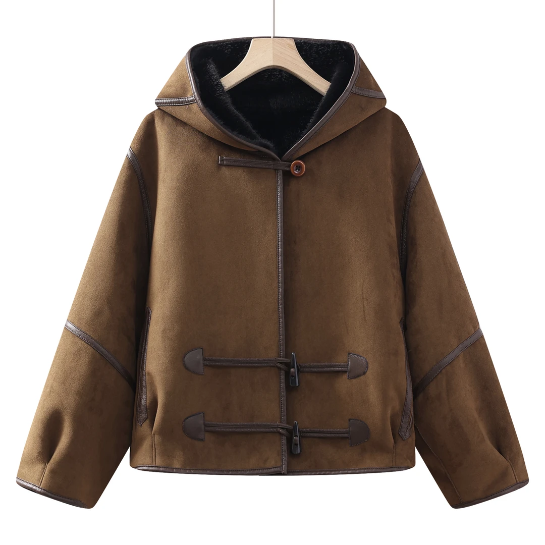 连帽鹿皮短款拉链冬季INS风女短外套百搭气质网红设计师皮毛一体