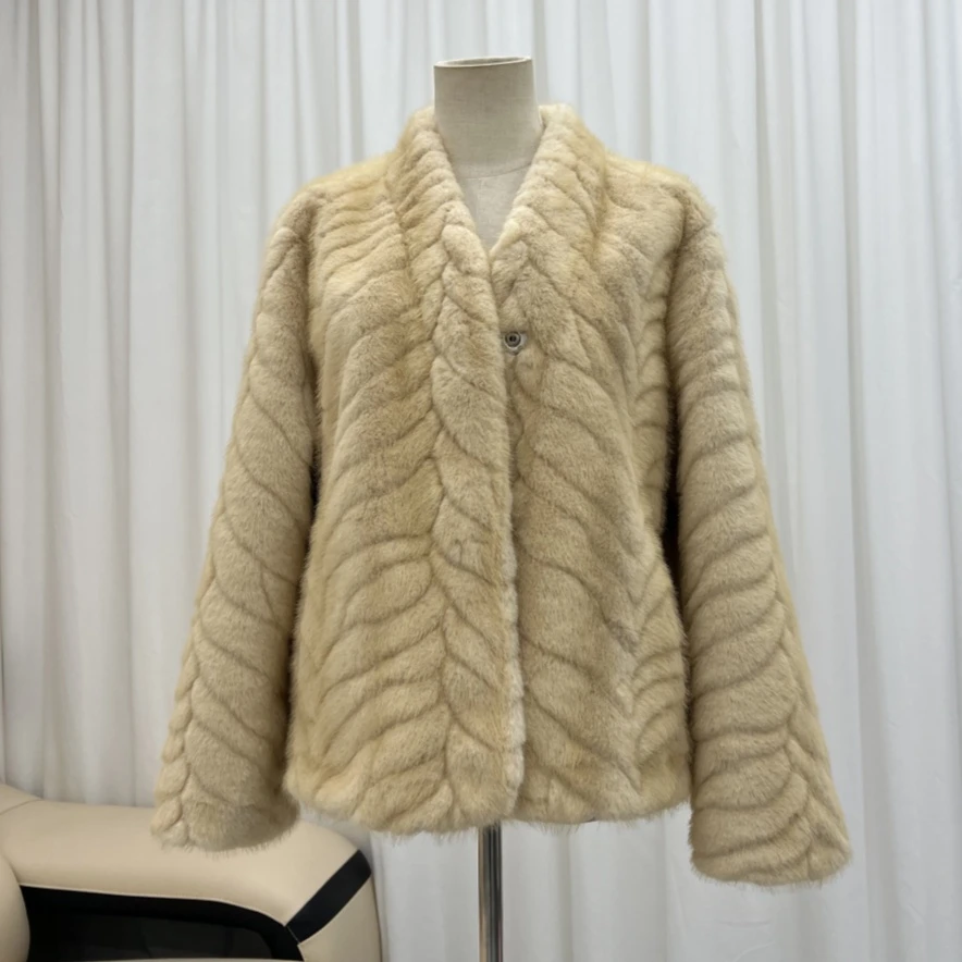 人造皮草 人造皮草金叶貂环保毛外套中长款宽松女v领