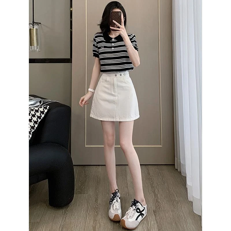 韩版洋气减龄休闲时尚套装女黑白条纹翻领上衣白色牛仔短裙两件套