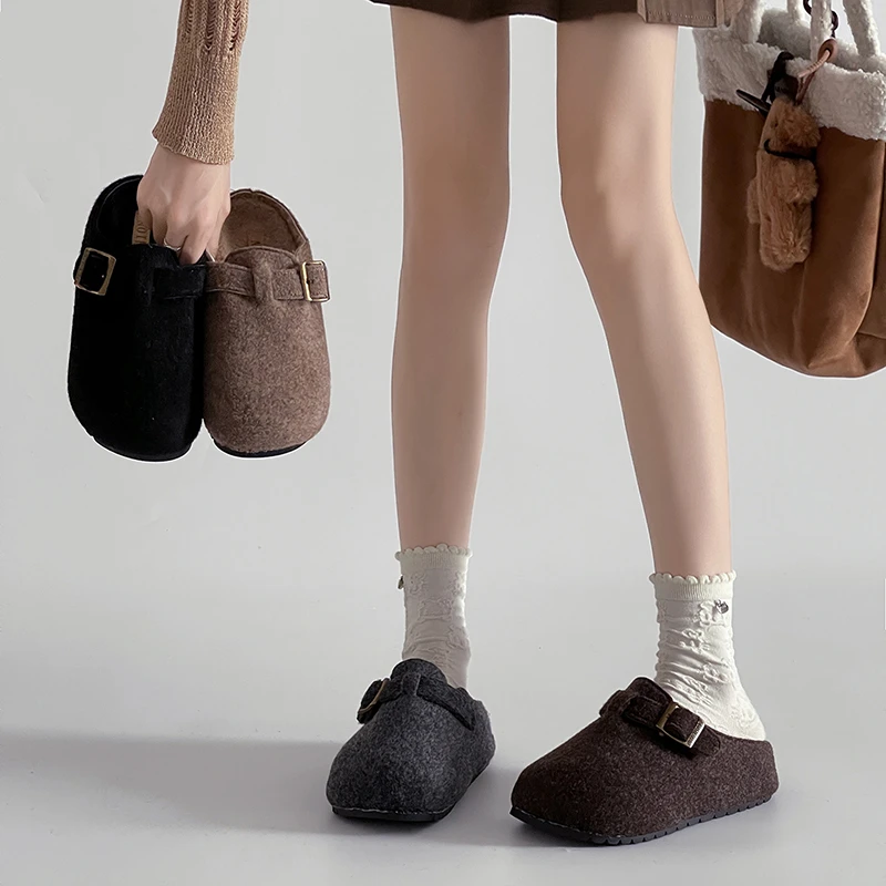 OJRZ韩版复古风简约皮带扣包头拖女2025秋冬新外穿潮鞋穆勒鞋棉拖