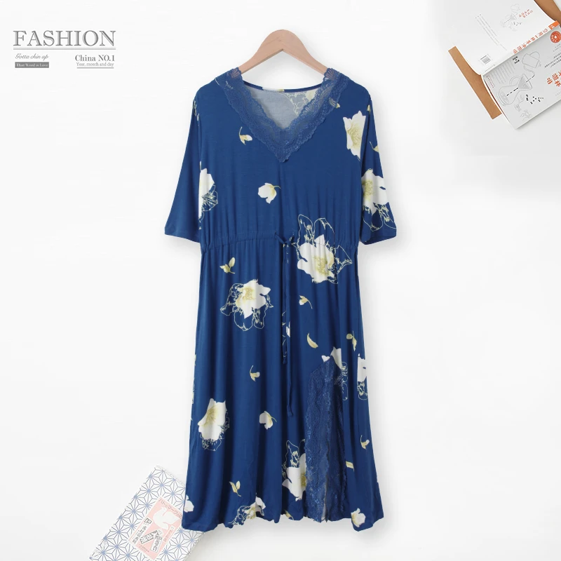 春夏款女士束腰家居裙中长款短袖睡裙镂空拼接00320舒适亲肤