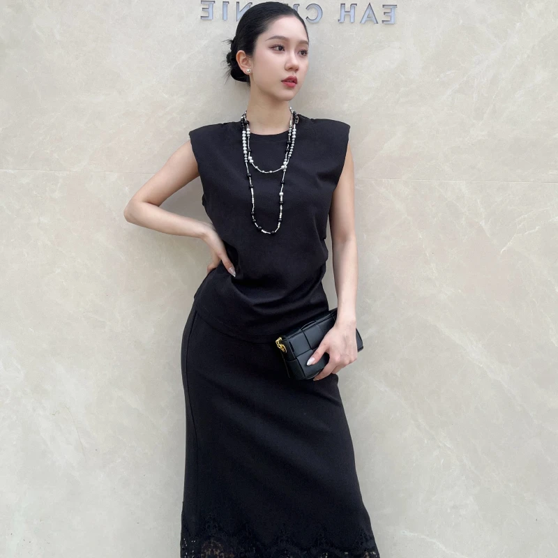 EAH CHANIE法式黑色蕾丝拼接半裙两件套装2024夏季新款9729TQ305