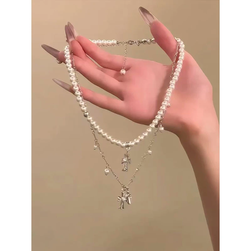 铜合金合成锆石吊坠 甜酷珍珠十字架项链女双层叠戴choker锁骨链