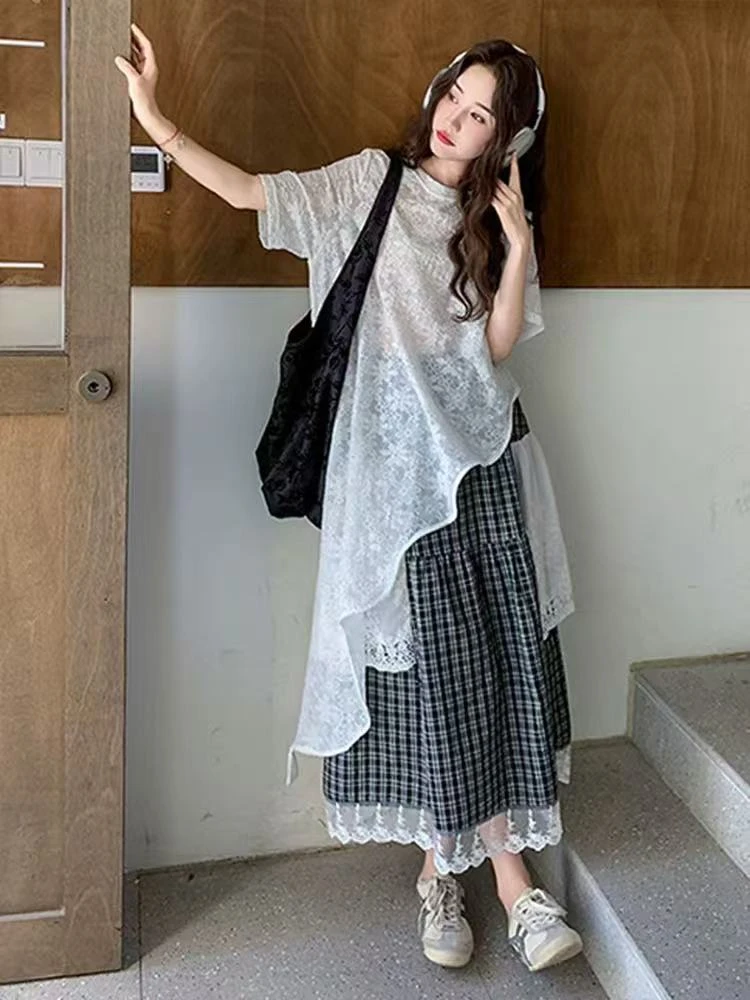 夏季森系穿搭减龄时尚设计感蕾丝上衣格子半身长裙两件套装裙8574