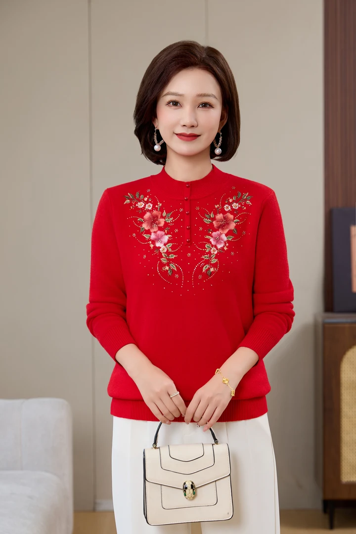 妈妈装中老年针织衫50-60加绒加厚半高秋冬毛衣喜婆婆穿时尚打底