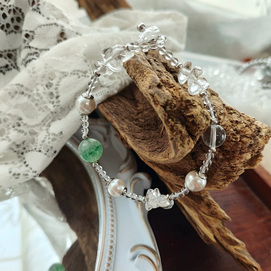 051513手工串珠天然白水晶葡萄石女生款手围16.5