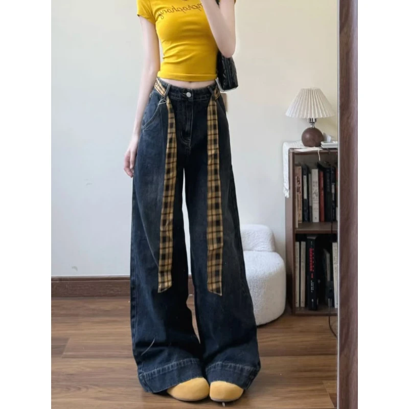 小个子美式复古阔腿牛仔裤女高腰宽松显瘦格子拼接直筒垂感拖地裤