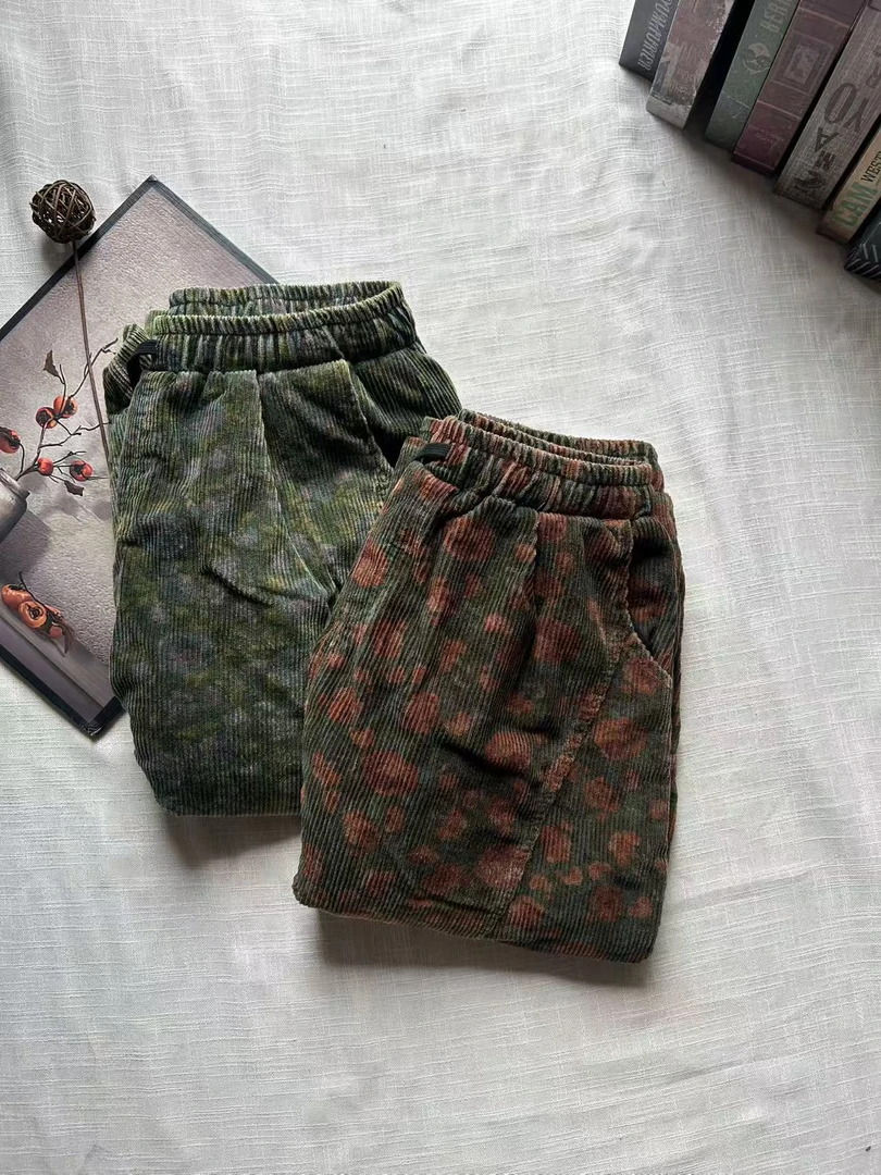 丽丽-原创沙洗炒色磨白粗条绒印花哈伦裤