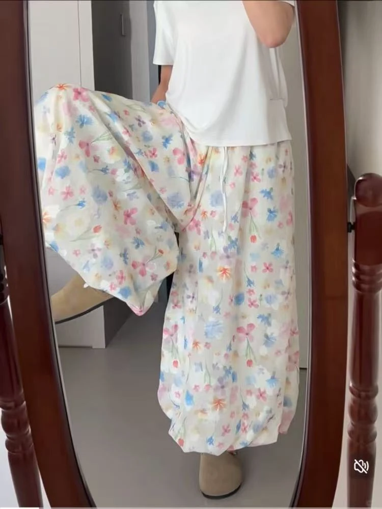 满印碎花花苞裤裙夏季高腰百搭垂感防蚊裤2025新款空气裤遮肉显瘦