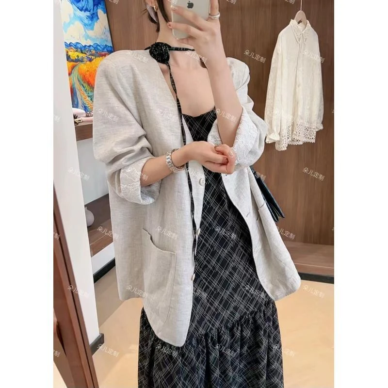 朵儿定制 【初晴】蕾丝拼接西装天丝亚麻V领外套IQ91