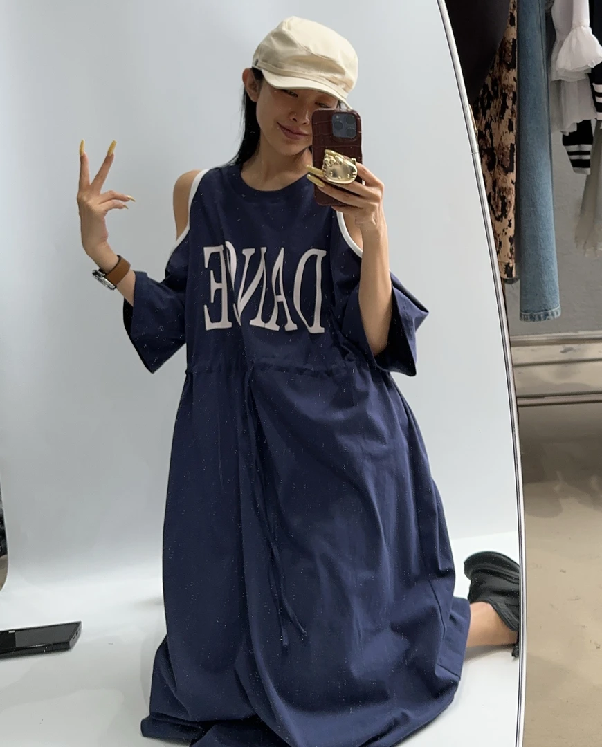 VIVISPLENDID20576#（定制款NO退NO换）帅气印花漏肩超大裙