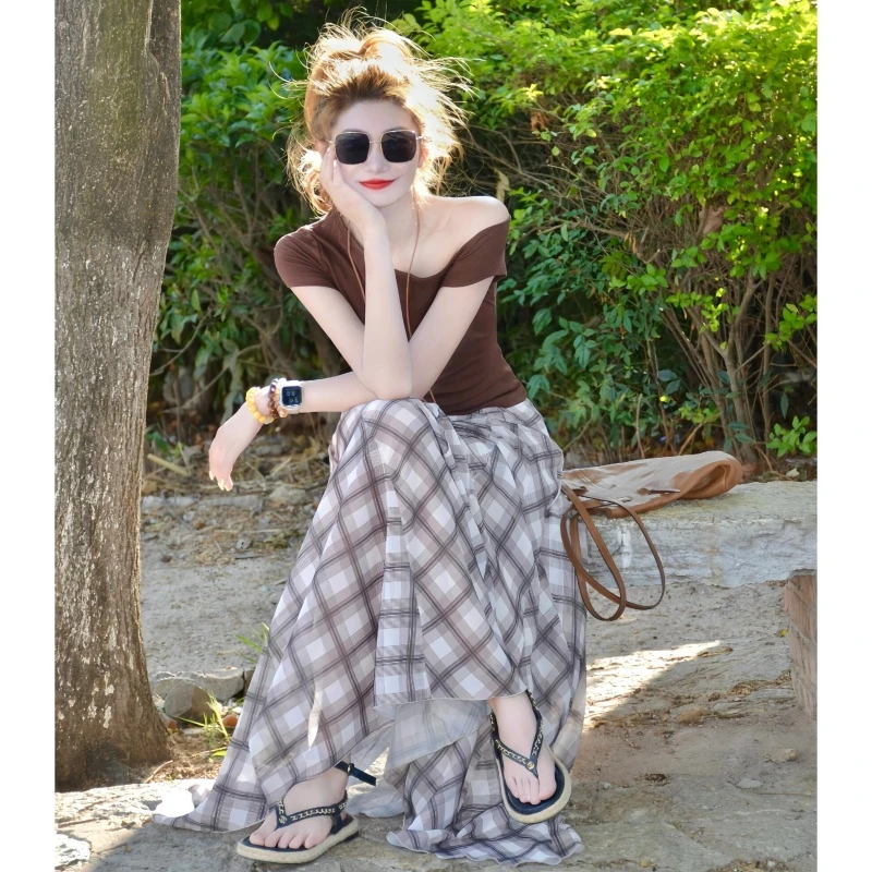 175高个子加长韩版气质格子半身中长裙女夏薄款高腰宽松垂感裙子