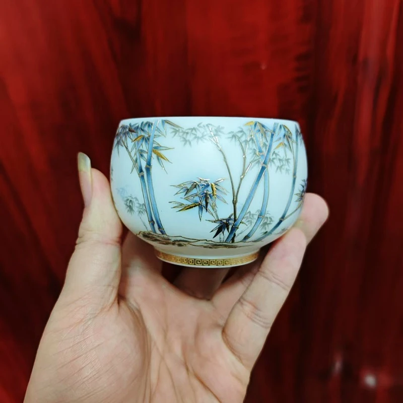 贵气十足高端茶器主人杯品茗杯手绘白瓷磨砂金杯茶杯水杯