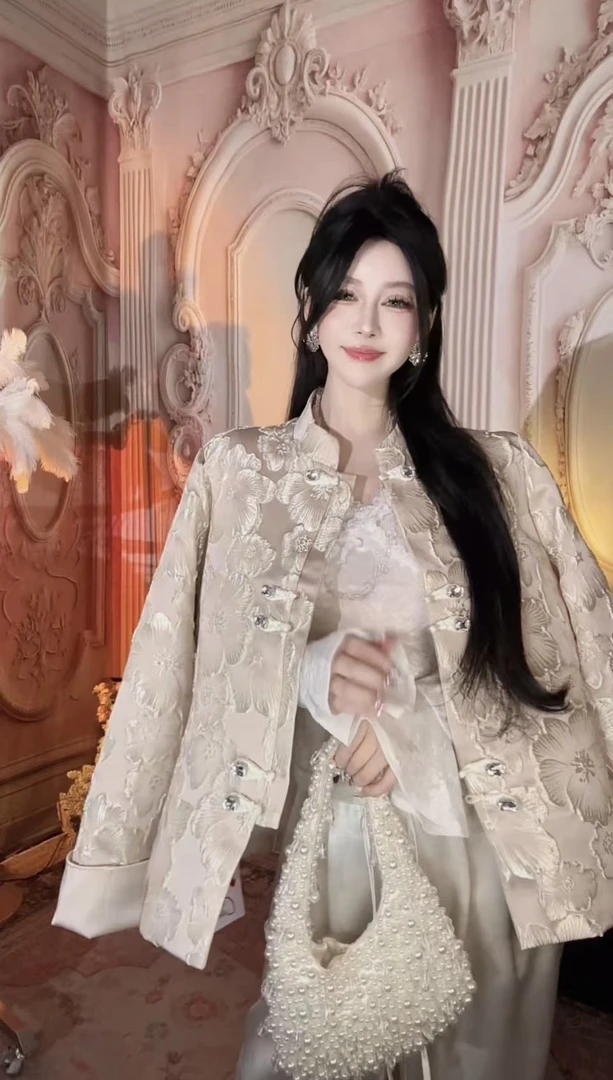 【崔】海棠春醉  W0248新款织锦立领盘扣提花外套新中式禅意国风