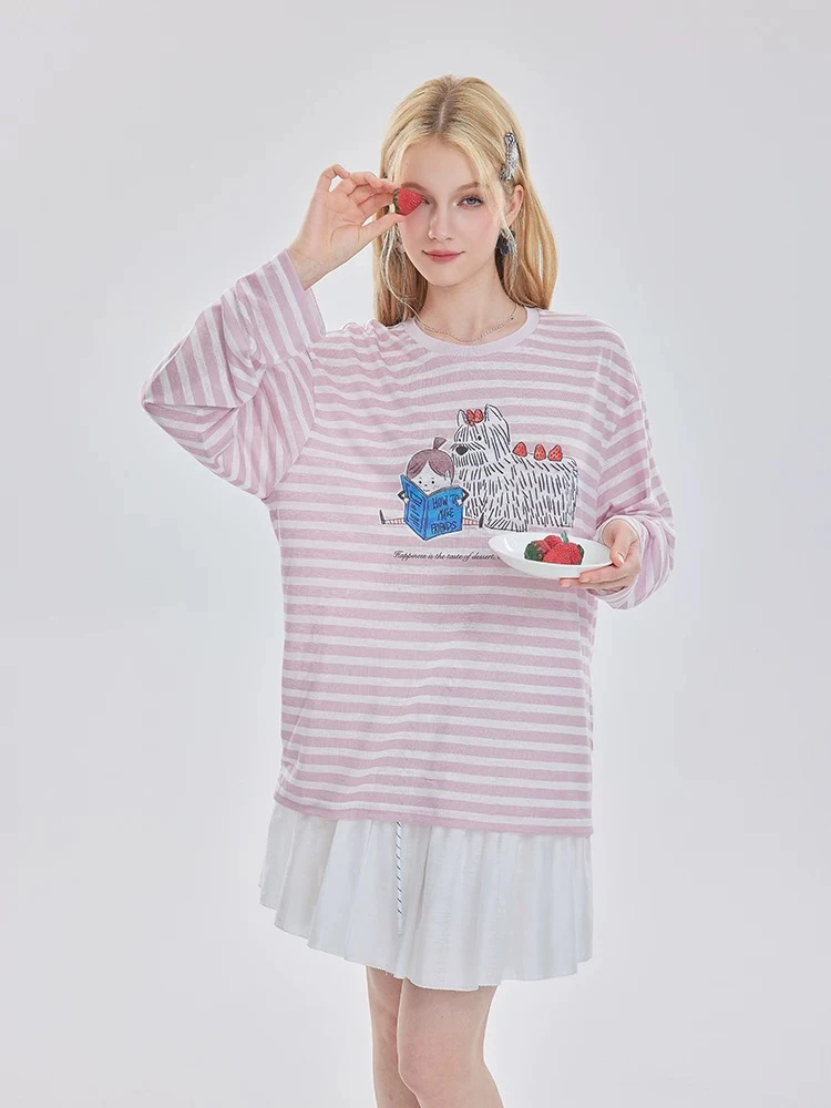 OoofYang 粉色草莓小狗上衣少女感清新减龄防晒长袖T恤