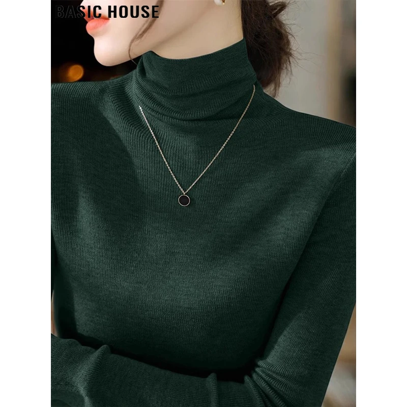Basic House/百家好墨绿色高领打底衫毛衣女秋季配大衣内搭针织衫