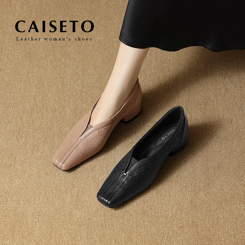 头层羊皮3.5cm方头秋季新深口粗跟低跟真皮单鞋女鞋小皮鞋5D517