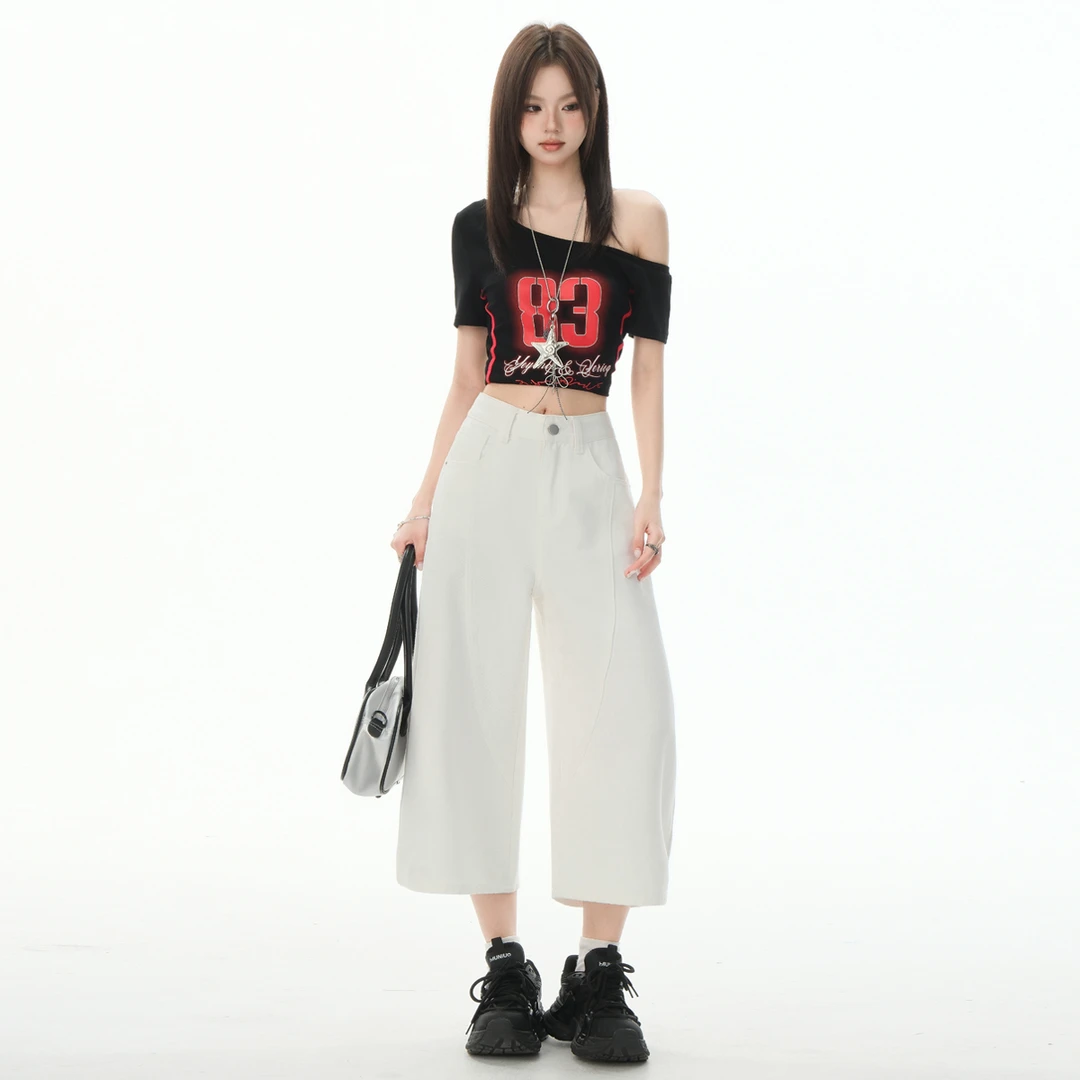 2025夏季白色八分弯刀阔腿牛仔裤女夏季新款高腰显瘦七分镰刀裤子