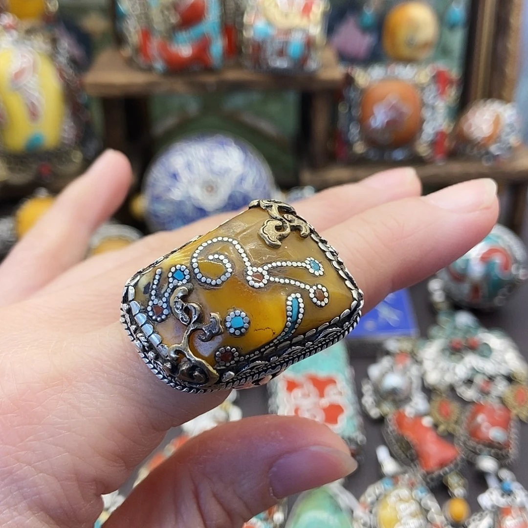 蜜蜡银S925镶嵌戒指