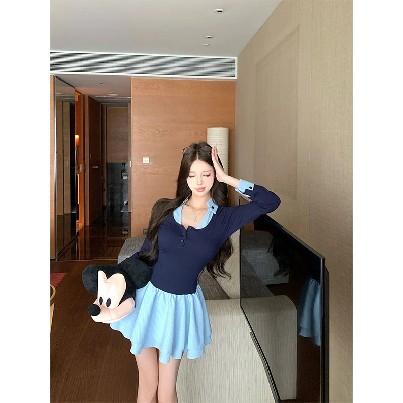 2025秋季新款性感辣妹假两件拼接撞色修身显瘦时尚长袖蓬蓬连衣裙