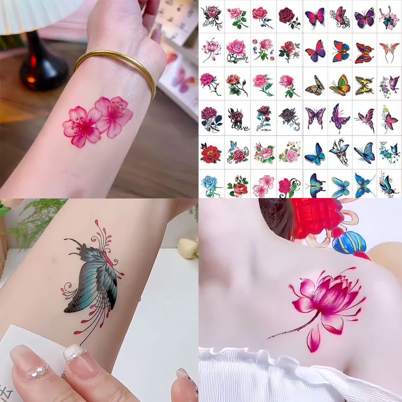 50张防水持久纹身贴女款锁骨花臂蝴蝶3D立体可爱遮痕ins风小清新