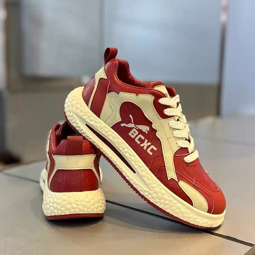 2025男款冬季圆头耐磨极简风拼色时尚休闲鞋男士百搭鞋子韩版红色