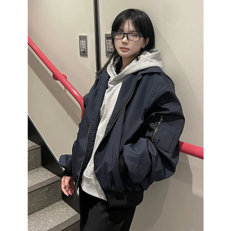 藏青色短宽外套男女款cleanfit高级感痞帅美式ma1飞行夹克棒球服