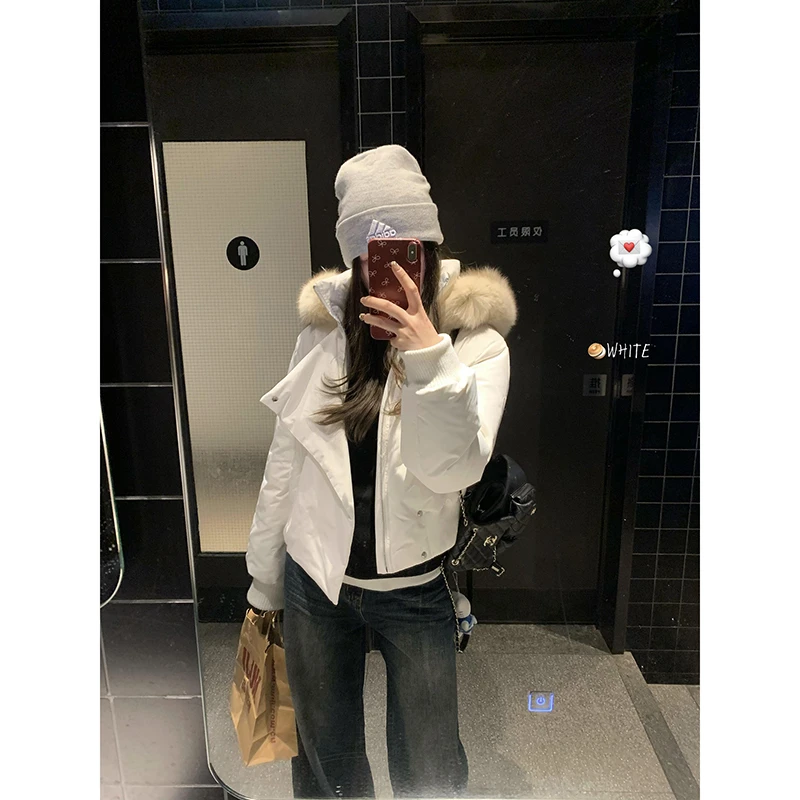 韩系毛领白色短款羽绒棉服女2025新款冬季高级感加厚保暖连帽外套