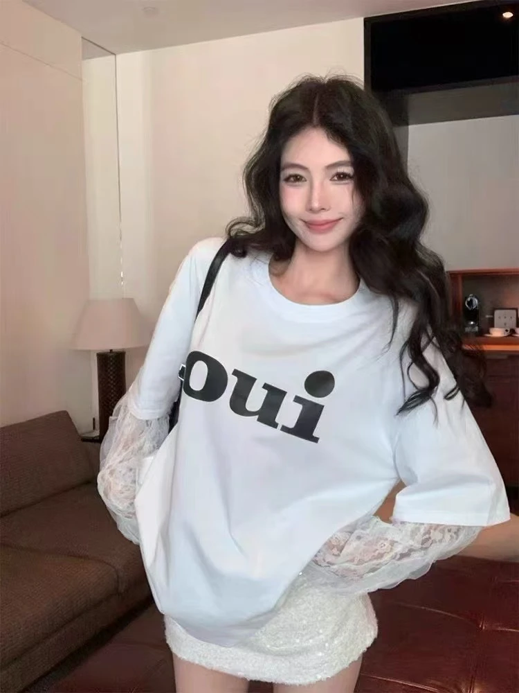 韩国东大门新款时尚蕾丝拼接字母印花百搭圆领长袖T恤