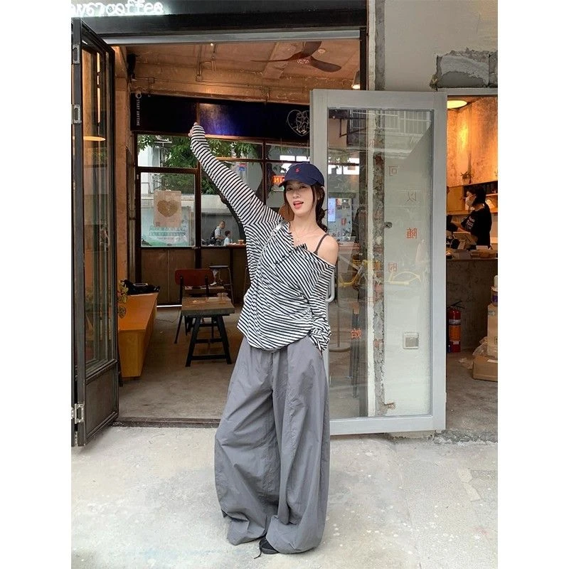 韩系慵懒风条纹一字肩长袖T恤女早夏别致露肩时尚宽松显瘦小上衣