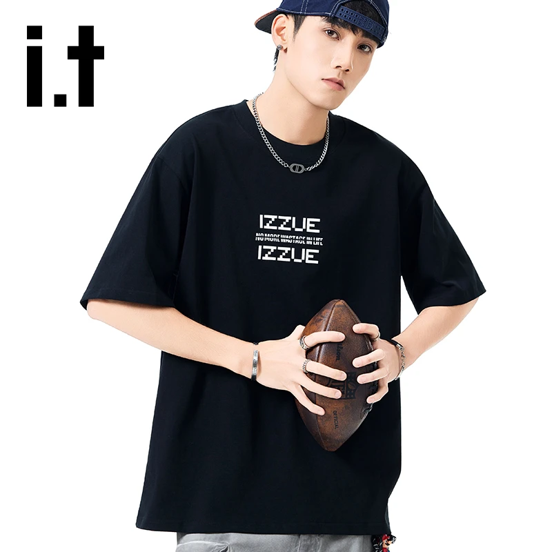 it izzue新款印花短袖上衣纯棉T恤男士夏季百搭宽松休闲圆领半袖